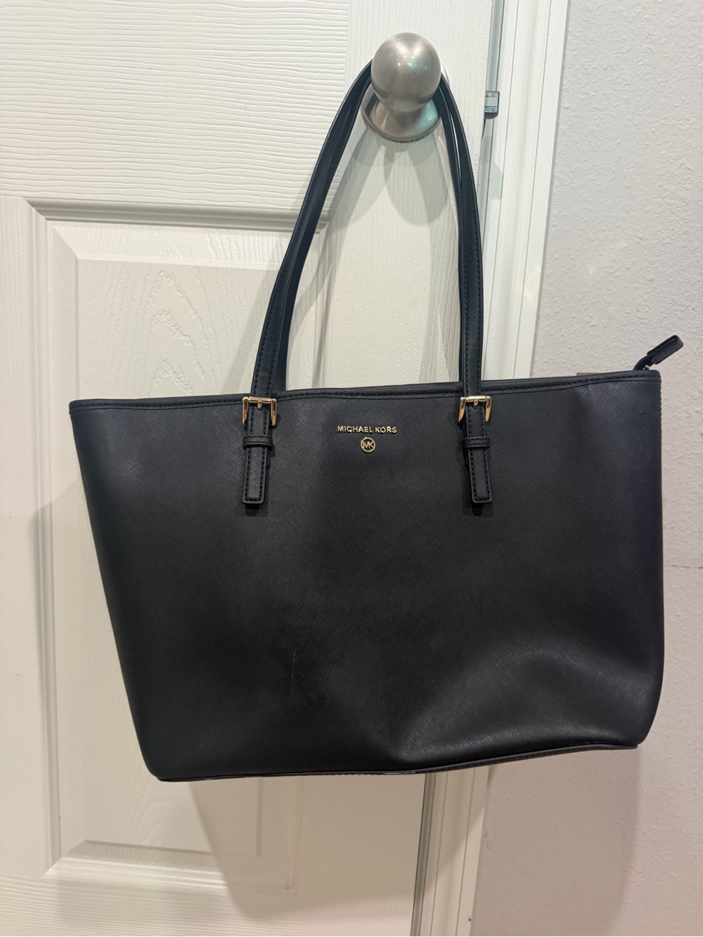 Michael Kors Black Leather Tote with Gold Hardware